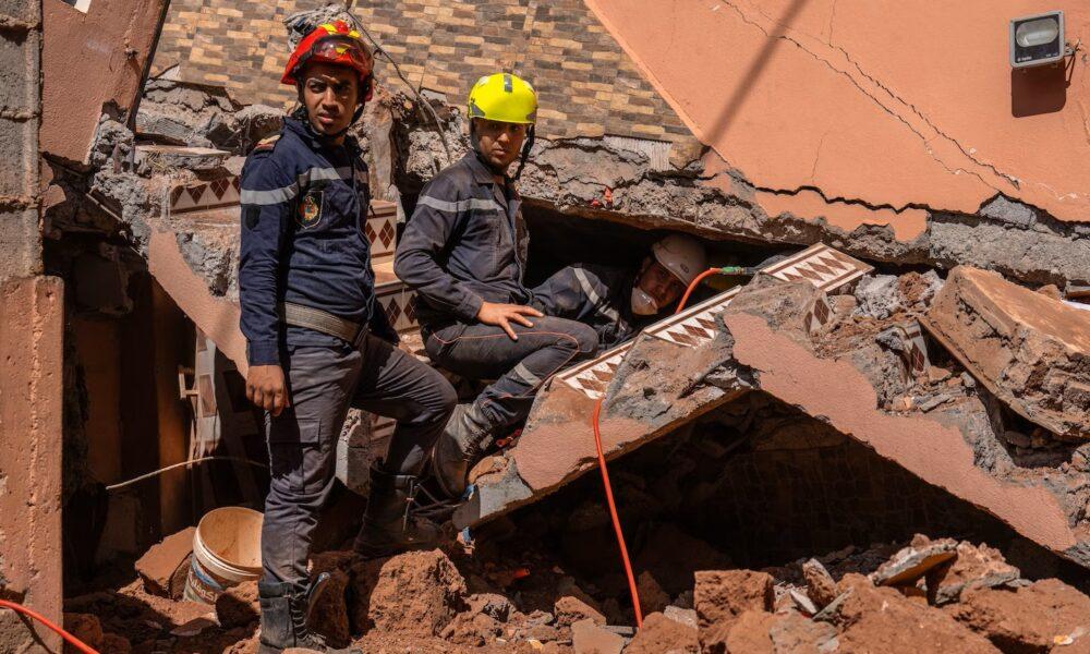Emergency workers and volunteers search for survivors amid the rubble in the High Atlas Mountains following the catastrophic earthquake in Morocco.